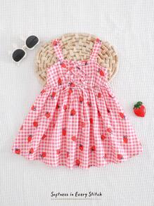 Cozy Pixies Cute Pink And White Striped Baby Girl Dress,Strawberry Pattern Decorated Ruffle Strap Bow Decor,Summer Picnic Holiday Casual Outing Chill Vacation - Multicolor - View 3