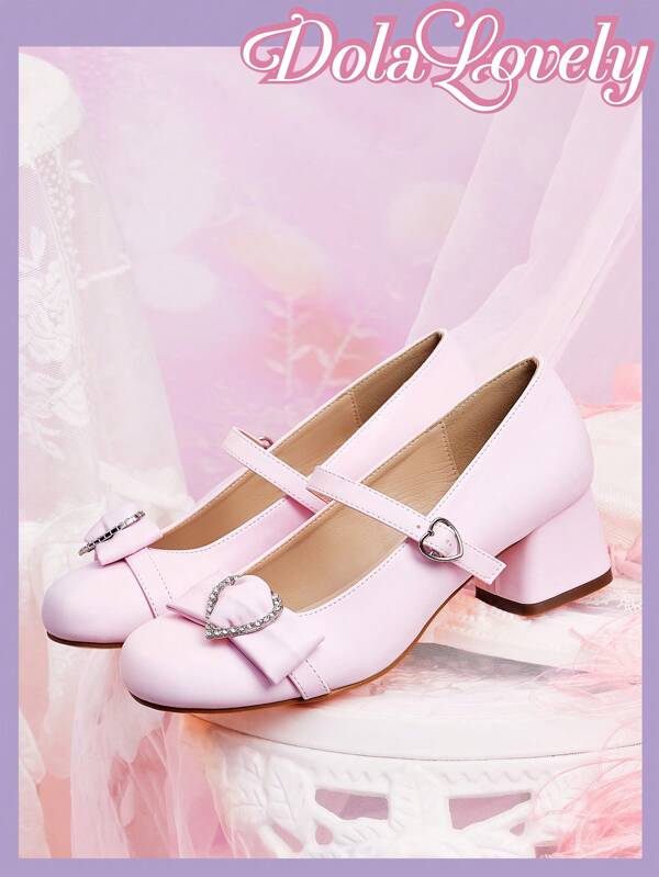 Dola Lovely Women's Bow Decor Round Toe Mary Jane Shoes, Buckle Closure Platform Chunky High Heels, Fashionable Versatile White Pumps