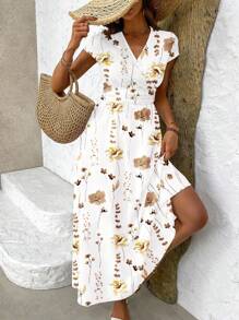 SHEIN Belle Đầm Maxi In Hoa Cho Nữ Cổ V Sâu Eo Xếp Ly Đi Nghỉ Mùa Hè - Màu Khaki - Xem 7