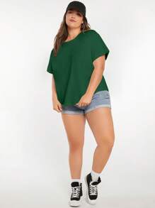 SHEIN BASICS Camiseta casual plus size de cor sólida, gola redonda, manga curta, verão - Verde escuro - Ver 5