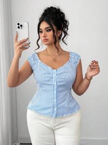 Elenzga 大码女式休闲条纹衬衫，搭配优雅的法式荷叶边 - 藍白色 - 查看 1