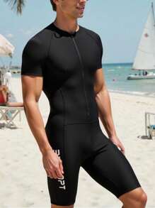 Manfinity VCAY 1pc Men's Jacquard Zipper Front Short Sleeve Tankini Swimsuit For Holiday & Sports