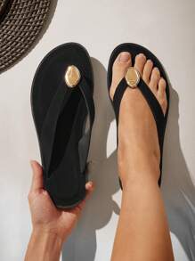 SHUZIA 女士舒适日常夏季可爱度假休闲平底人字凉鞋 - 黑色 - 查看 2