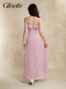 优雅少女无袖连衣裙，粉色花卉刺绣雪纺连衣裙，腰部收褶和荷叶边下摆，春夏 - 粉色 - 查看 2