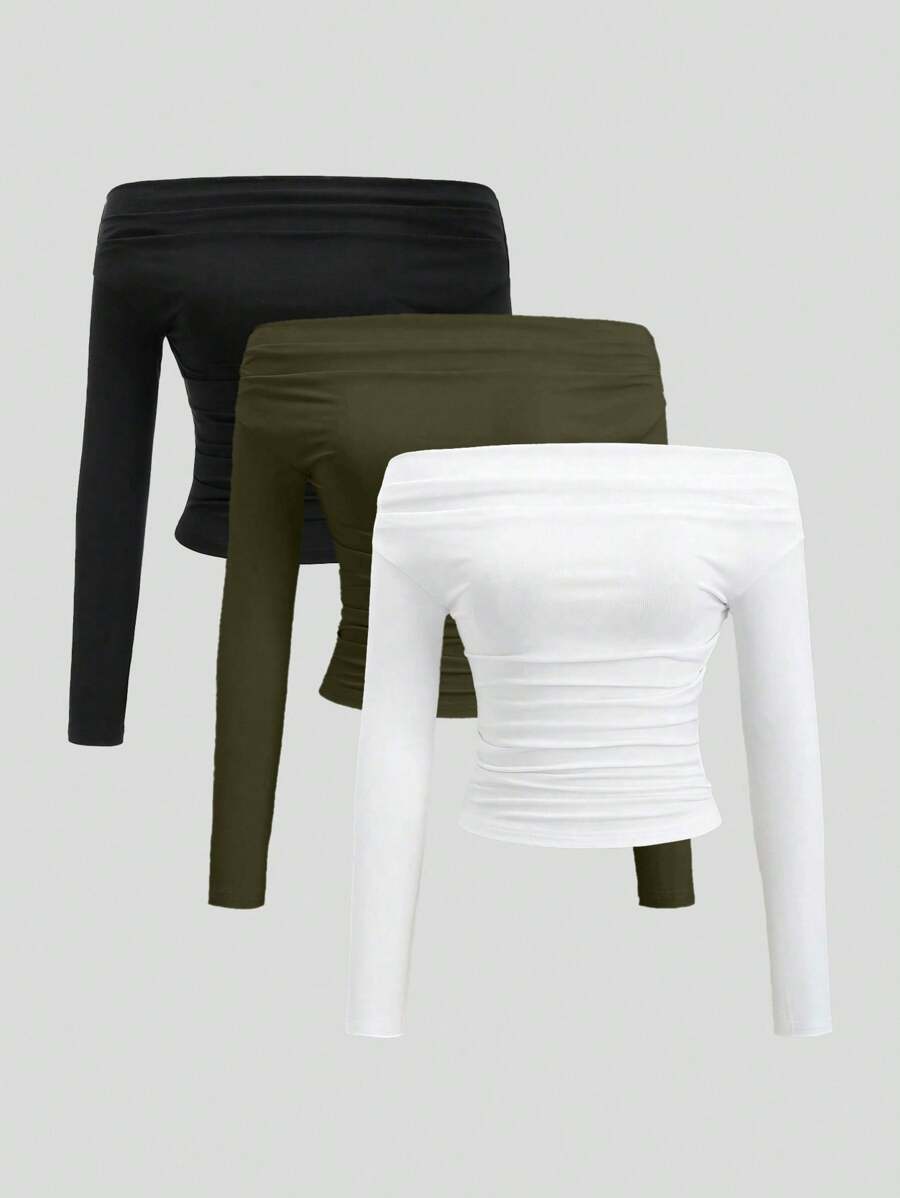 Sweetra 3 pièces Ensemble pour femmes top manches longues décolleté épaules, crop top ajusté, confortable et doux pour la peau, amincissant - Multicolore - Voir 1