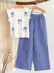 Tween 女童休闲可爱拼布荷叶边格子蝴蝶结装饰盖袖上衣和格子裤套装，适合外出、通勤、春季出游、上学 - 彩色 - 查看 1