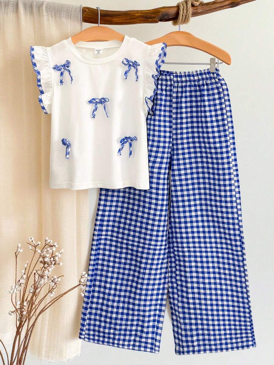 Tween 女童休闲可爱拼布荷叶边格子蝴蝶结装饰盖袖上衣和格子裤套装，适合外出、通勤、春季出游、上学 - 彩色 - 查看 1