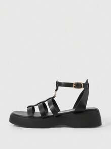 HighSole Women's Spring T-Strap Buckle Sandals, Chunky Platform Wedge Shoes, 2024 Summer New Round Toe Thick Heel Beach Sandals - Black - View 2