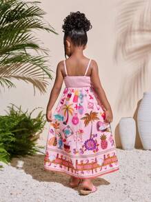 小女孩热带印花无袖连衣裙，夏季海滩度假兄弟姐妹装（2 件单独出售） - 粉色 - 查看 2