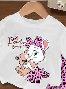 SHEIN GraphicGems Baby Girls' Lovely Rabbit Print Round Neck Short Sleeve White T-Shirt And Leopard Print Knit Legging Skirt 2Pcs Set - Multicolor - View 4