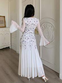 Modelyn Robe évasée à manches évasées avec bordure en dentelle à imprimé floral, coupe ajustée pour femme, printemps/été - Prune - Voir 2
