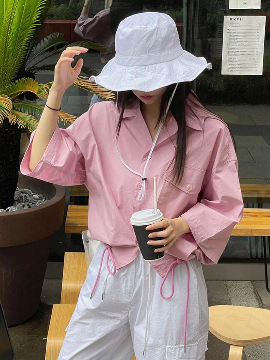DAZY 女式简约休闲纯色宽松前扣衬衫 - 粉色 - 查看 1