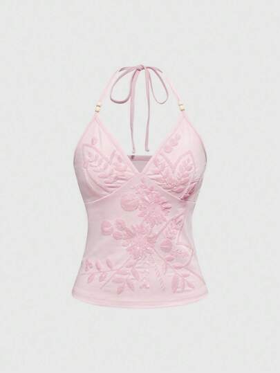 Fairycore Hauts de camisole vintage à encolure ras-du-cou, brodés de fleurs et de vignes sequinées, couleur rose