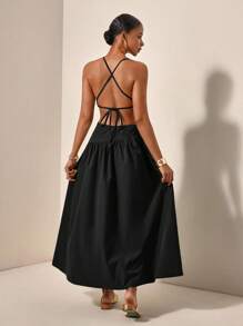 Zivah 新款不对称镂空交叉背带无袖连衣裙，休闲度假风格，春夏 - 黑色 - 查看 2