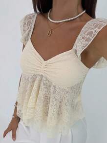 Aloruh Áo cánh ren ngọt ngào cay nồng bất đối xứng viền xếp nếp mới, áo cổ tim tay bồng tôn dáng - Màu be - Xem 1