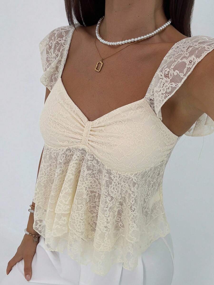 Aloruh Áo cánh ren ngọt ngào cay nồng bất đối xứng viền xếp nếp mới, áo cổ tim tay bồng tôn dáng - Màu be - Xem 1