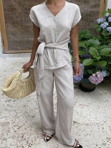 DAZY 2pcs Women Summer Minimalist Solid Color Textured Batwing Sleeve Top And Pants Set