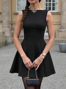 INAWLY Solva Damen Buchstaben-Muster Boot-Ausschnitt ärmelloses modisches Kleid