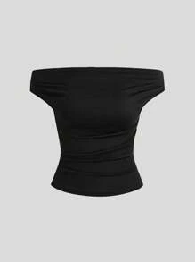 Sweetra Tops de mujer de unicolor con pliegues y hombros descubiertos de moda - Multicolor - Ver 4