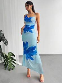 Firerie Váy Maxi hở lưng họa tiết lưới hoa gợi cảm thanh lịch lãng mạn mùa xuân/hè cho nữ, thích hợp cho tiệc tùng, bãi biển, trở lại trường, đêm hẹn hò, đám cưới, sinh nhật, lễ tình nhân - Màu xanh lam - Xem 5