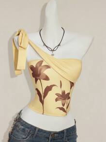 SHEIN ICON 女式波西米亚风性感图案黄色复古花卉印花挂脖无袖休闲衬衫