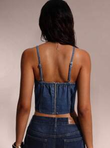 Avantive Summer Women Prom/Formal/Beach/Vacation/Cute/Western Wear/Business Casual/Elegant/Birthday/Going Out/Club/Office Outfits/Festival/Rave/Work Clothes/Classy/Country Concert/Brunch/Cruise/OldMoney/Airport/Modest/Church/Fairycore/Coquette/Tea Party/Y2k/Streetwear/2000s/Disco/Spring Break/Graduation/WeddingGuest/Cocktail/Vintage/Bodycon/Resort/Blue Tight-Fitting Metal-Decorated Denim Halter Top - Medium Wash - View 2