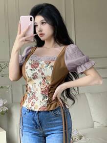 Modelyn 女士优雅拼色提花交叉系腰衬衫，夏季 - 紫色 - 查看 4