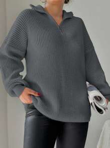 EURMUSE Plus Size Women's Solid Color Zipper Placket Long Sleeve Casual Loose Sweater - Dark Grey - View 6