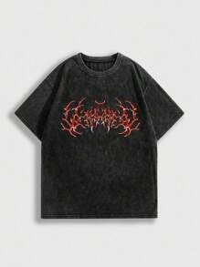 ROMWE MEN Goth Camiseta casual de cuello redondo de manga corta con estampado gótico para hombre, de verano