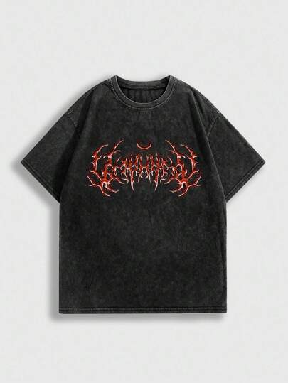Men's Gothic Print Round Neck Short Sleeve Casual T-Shirt, Halloween, 2000s Style