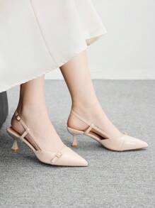 CUCCOO BIZCHIC 尖头小猫跟高跟鞋，米色时尚通勤百搭后带日常休闲办公室工作女鞋