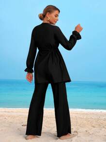 Swim Mulvari 2pcs/Set Women Oversized Modest Solid Black Long Sleeve & Pants Casual Swimsuit For Summer Beach Vacation