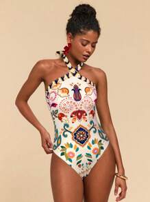 Travachic Traje de baño de una pieza con cuello halter y estampado floral para mujer