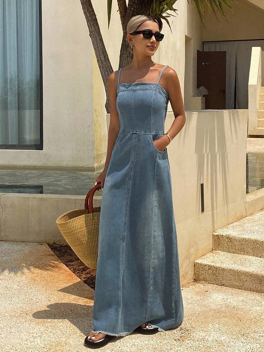Livesso Women Distressed Washed Denim Maxi Slip Dress Summer Women Dresses Sundress - Blue - View 1