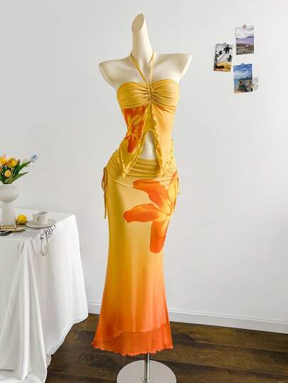 Soleia Orange Boho Two-Piece Outfit With Halter Backless Camisole And Plant-Print Long Skirt Two Piece Dress Orange Two Piece Dress