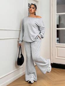 Solflare Bộ đồ ngủ hai mảnh màu xám cỡ lớn, áo hoodie và quần nỉ, thoải mái, dễ chịu, bộ đồ hai mảnh, bộ đồ hai mảnh thoải mái, bộ đồ hai mảnh dành cho nữ, bộ đồ thường ngày thoải mái dành cho nữ - Xám - Xem 3