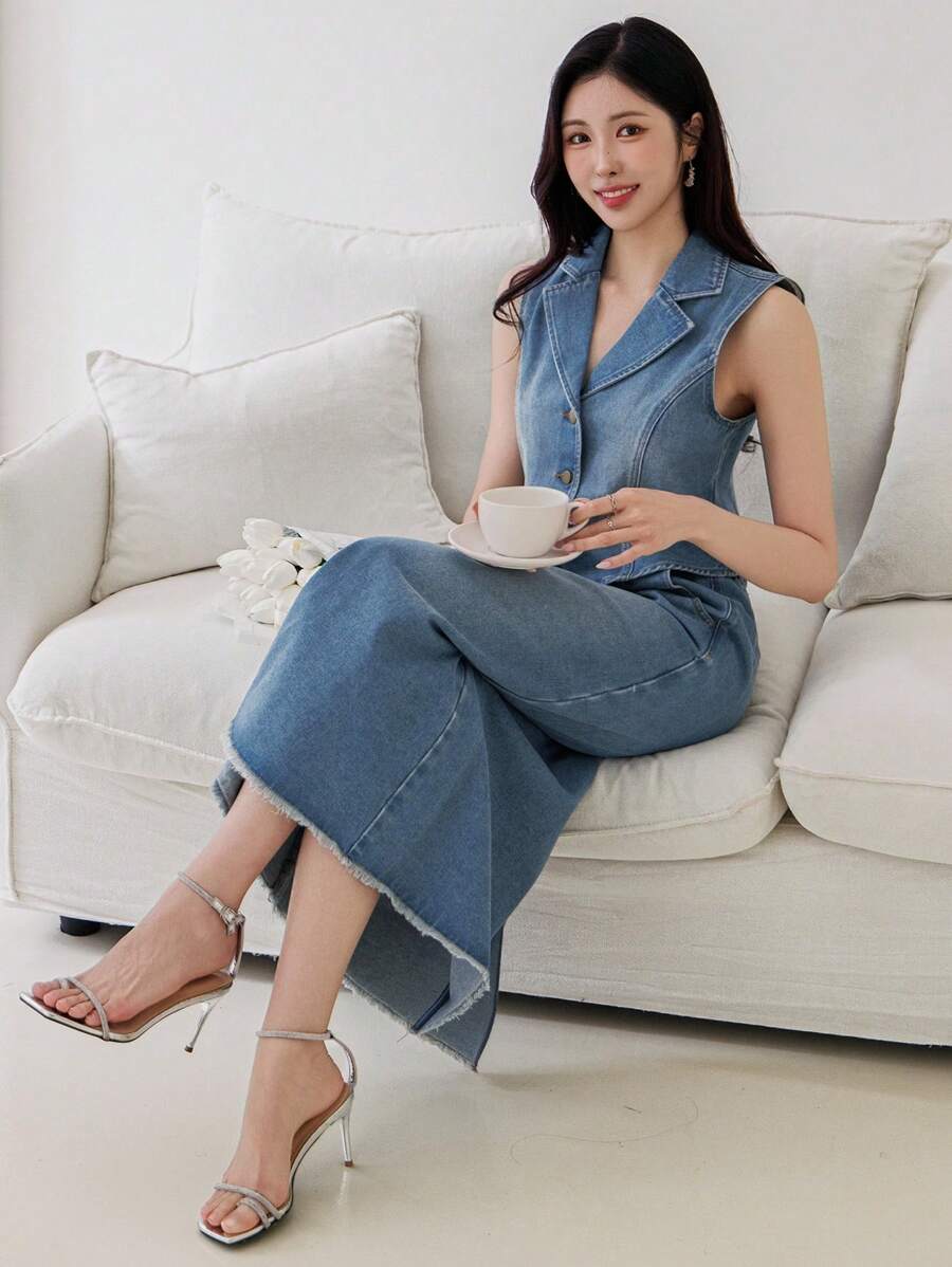 DAZY 女款水洗休闲风翻领背心和牛仔裙套装 - 藍色 - 查看 1