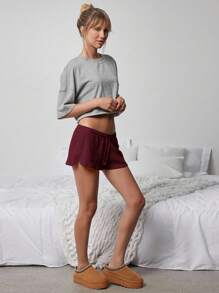 WESTFADE Cute Mid Rise Tie Front Textured Knit Lounge Shorts - Purple - View 10