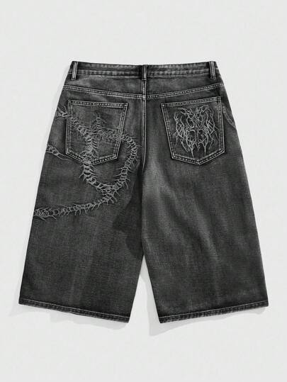 Anime Jeans de denim casuales de verano para hombre con bolsillo en ángulo, detalles bordados y efecto lavado de agua