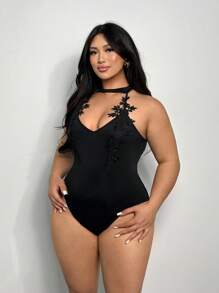 Firerie New Plus Size Women Black Lace Embroidery Splice V-Neck Backless Bodysuit, Sexy Elegant Versatile For Daily Wear, Holiday, Date, Autumn/Winter - Black - View 3