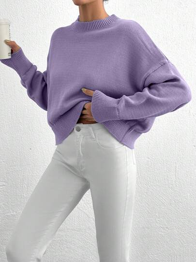 SHEIN Women's Solid Color Drop Shoulder Long Sleeve Crew Neck Fleece Casual Loose Sweater,Jumper,Cream Jumper,Jumpers,Black Jumper,Womens Jumper,White Jumper,Women's Jumper,Women's Jumpers,Winter Clothes