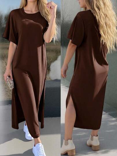 INAWLY Solva 女式休闲纯色侧开衩连衣裙，夏季