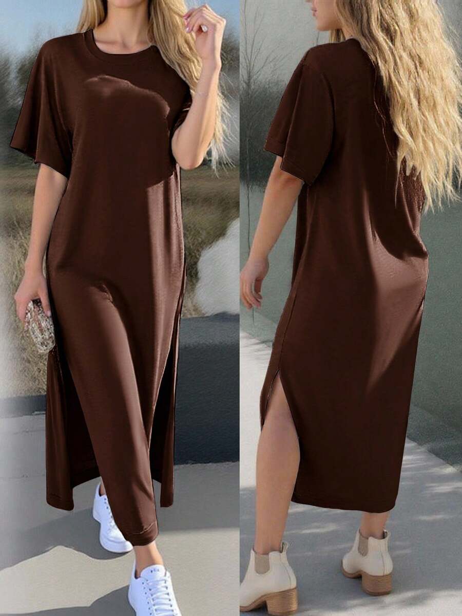 Silhoulove Gaun Kasual Wanita Warna Polos dengan Belahan Samping, Musim Panas - Coffee Brown - View 1