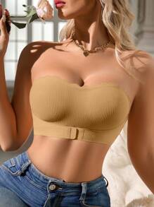 1pc Women Casual Comfy Front Closure Ribbed Seamless Wireless Bra - Apricot - View 5
