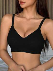 DAZY 纯色无缝无钢圈轻薄衬垫女士文胸内衣 - 黑色 - 查看 4