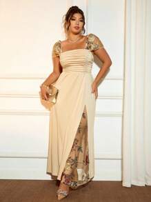 Cravure 大码女式束腰花卉刺绣连衣裙，侧开衩，优雅茶会装，复活节连衣裙 - 杏色 - 查看 1