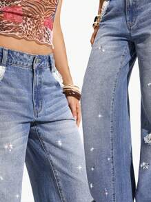 Jeanoix Women's Low Waist Pockets Distressed Loose Casual Wide Leg Jeans Y2k