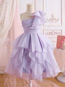 SHEIN Tween Girl Exaggerated Ruffled One Shoulder Big Bow Organza Dress
