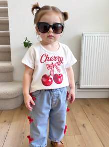 SHEIN Playful Pals 女婴夏季可爱粉色蝴蝶结樱桃印花短袖上衣和做旧蝴蝶结牛仔裤套装