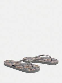 Grefit Women's Fashionable Grey Retro Floral Flip Flops - Grey - View 3